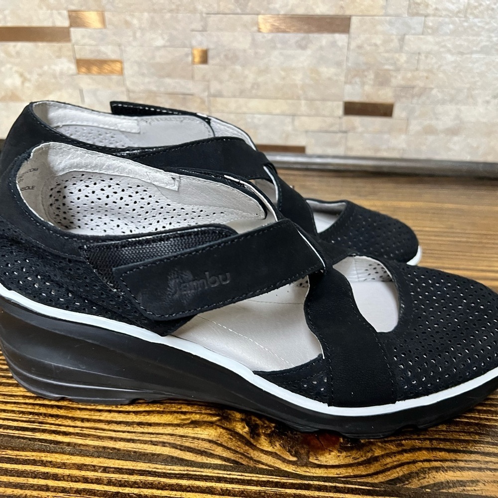Jambu Black Perforated Adjustable Mary Jane Wedge Sneakers